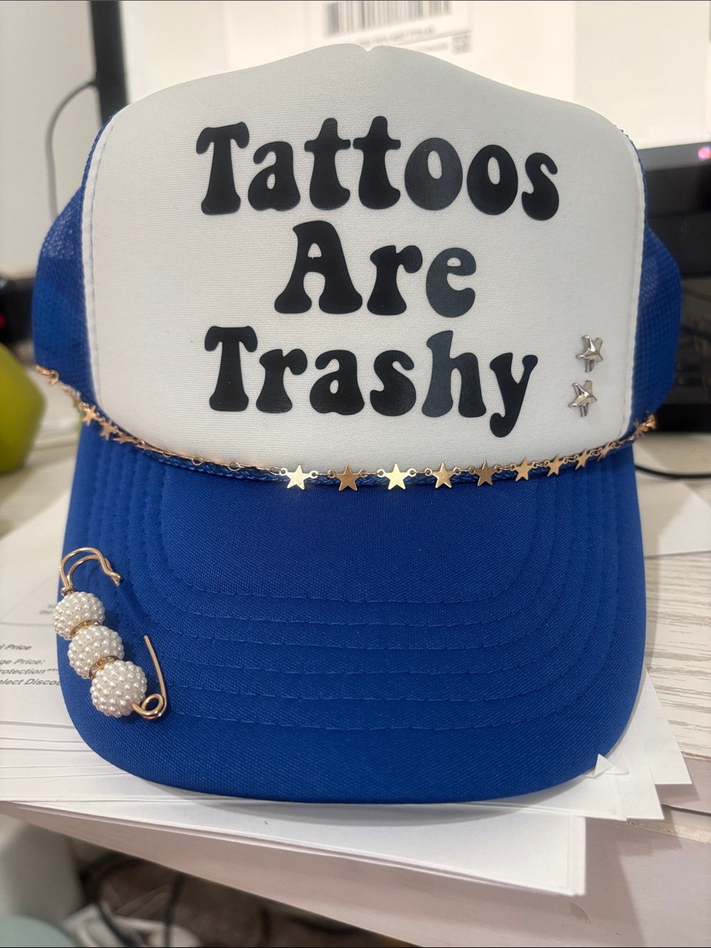 Blue and White Trucker Hat with 'Tattoos Are Trashy' Panel
